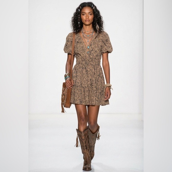 By Anthropologie Dresses & Skirts - By Anthropologie Leopard Print Smocked Waist Tiered Ruffle Mini Dress Brown Sz M